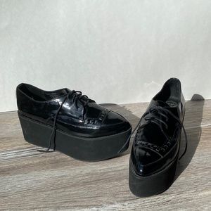 Jeffrey Campbell Designer Women's Platform Leather Black Chunky Shoes Derby